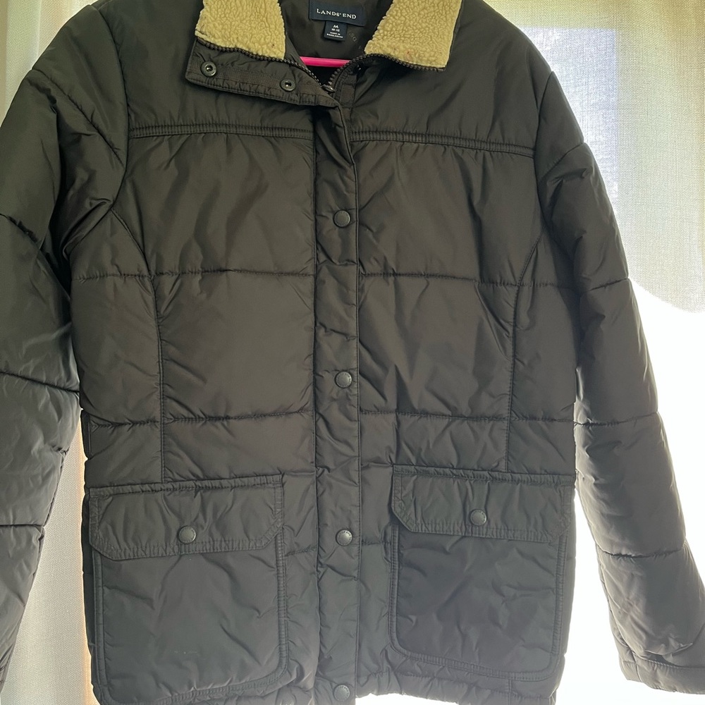 Lands End quilted puffer jacket with Sherpa collar -Brown